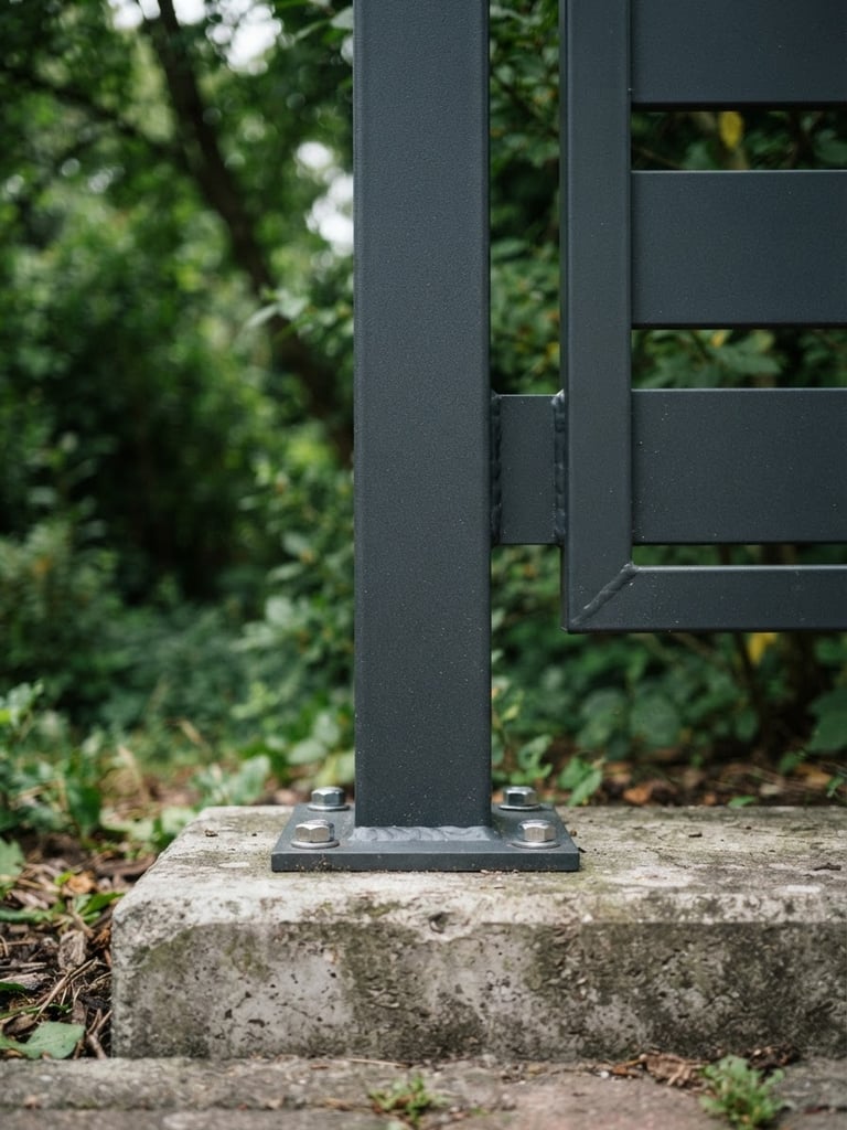 Crisp close-up of a heavy modern anthracite metal fence post anchored into a concrete foundation, clean lines, overcast daylight, shallow depth of field, 35mm