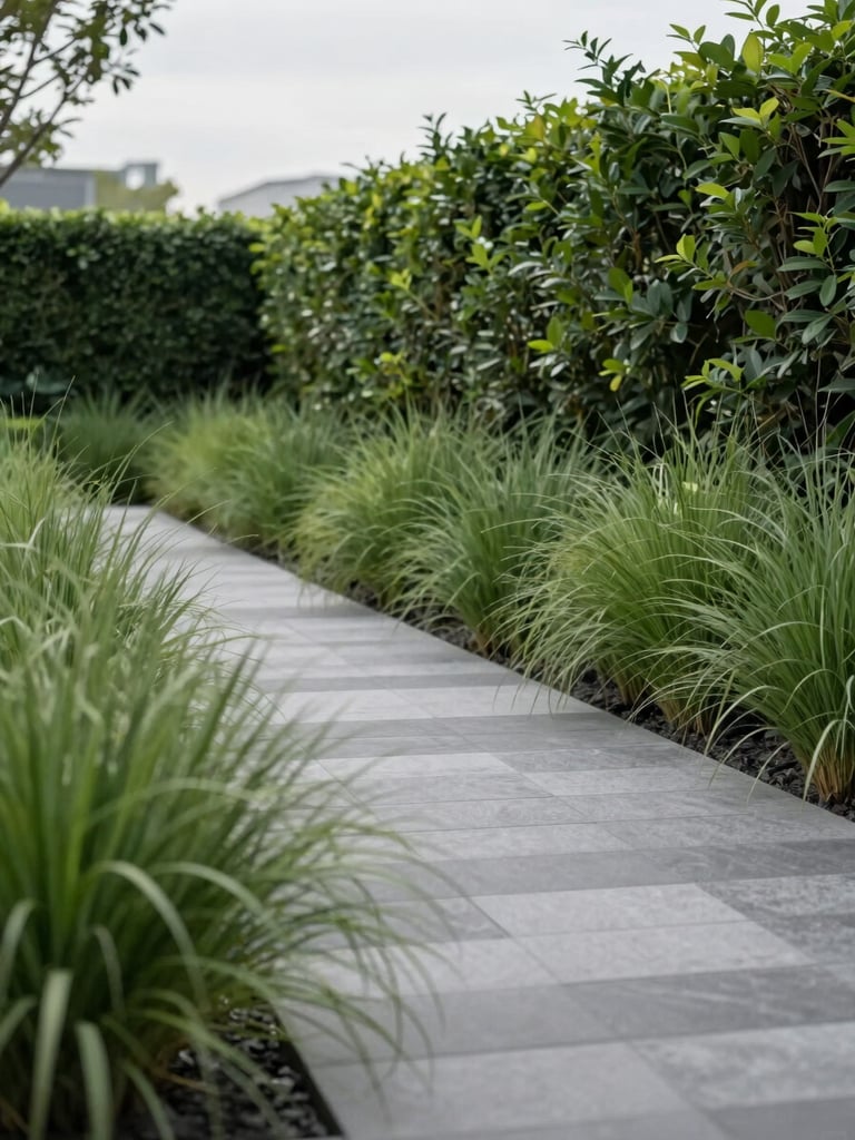 Low-angle shot of a perfectly manicured modern garden path lined with healthy ornamental grasses, overcast daylight, 35mm