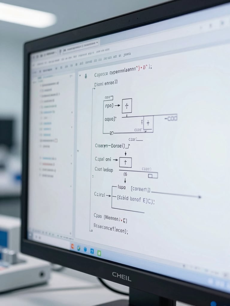 Close-up of technical schematics and algorithmic code displayed on a high-resolution screen in a bright research lab