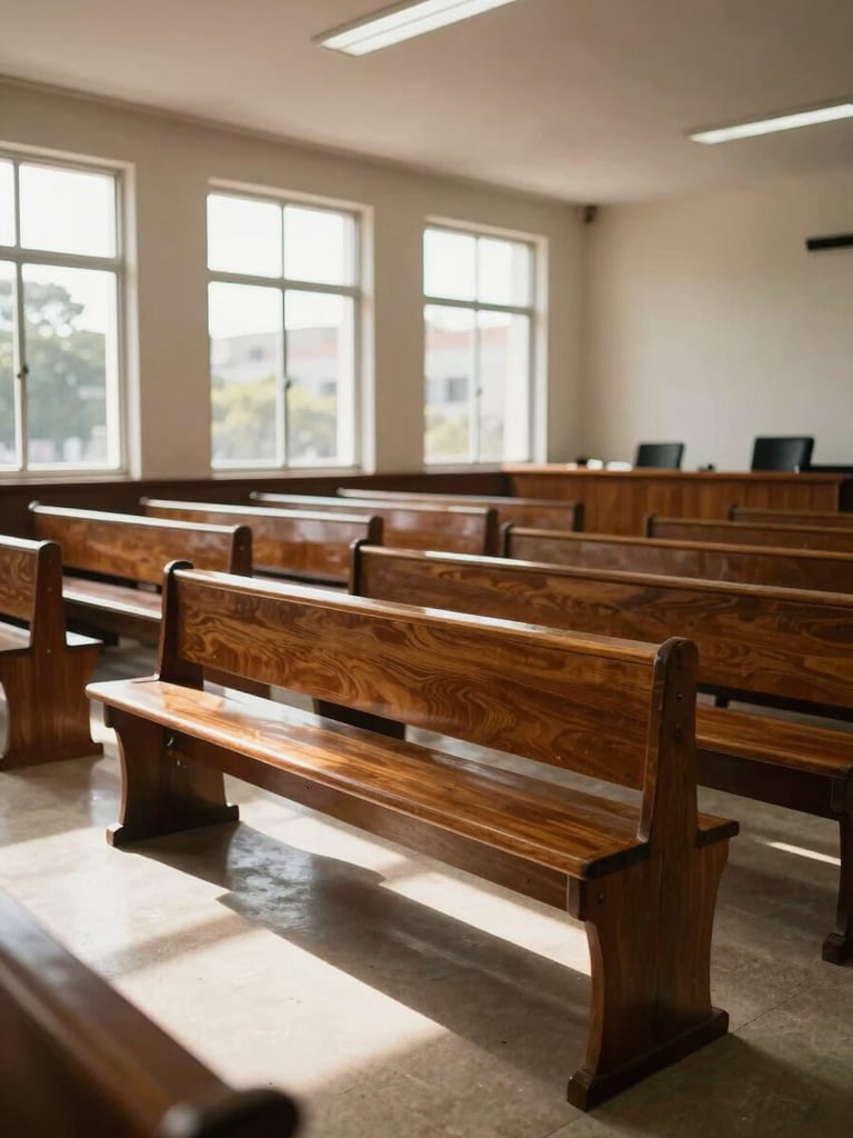 Wide interior shot of an empty Brazilian courtroom, wooden benches receding into depth, tall windows casting natural daylight across the floor, no people, shot from the back toward the bench