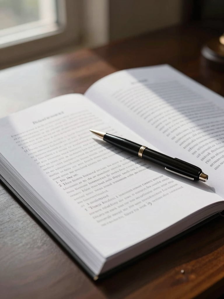 Close detail of a lawyer's desk, case files open with handwritten margin notes, a pen resting on legal text, natural window light from the left casting soft shadows across the documents
