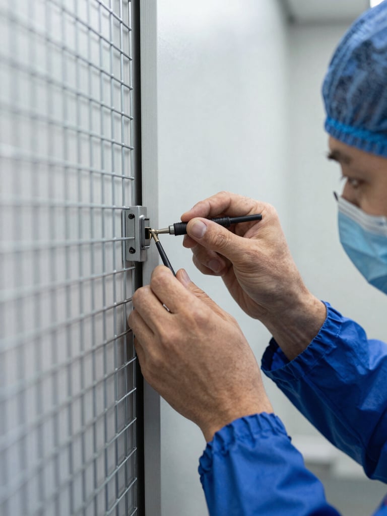 Macro shot of a technician in clean technical gear installing a steel mesh barrier into a wall gap, sharp focused lighting, absolute precision.