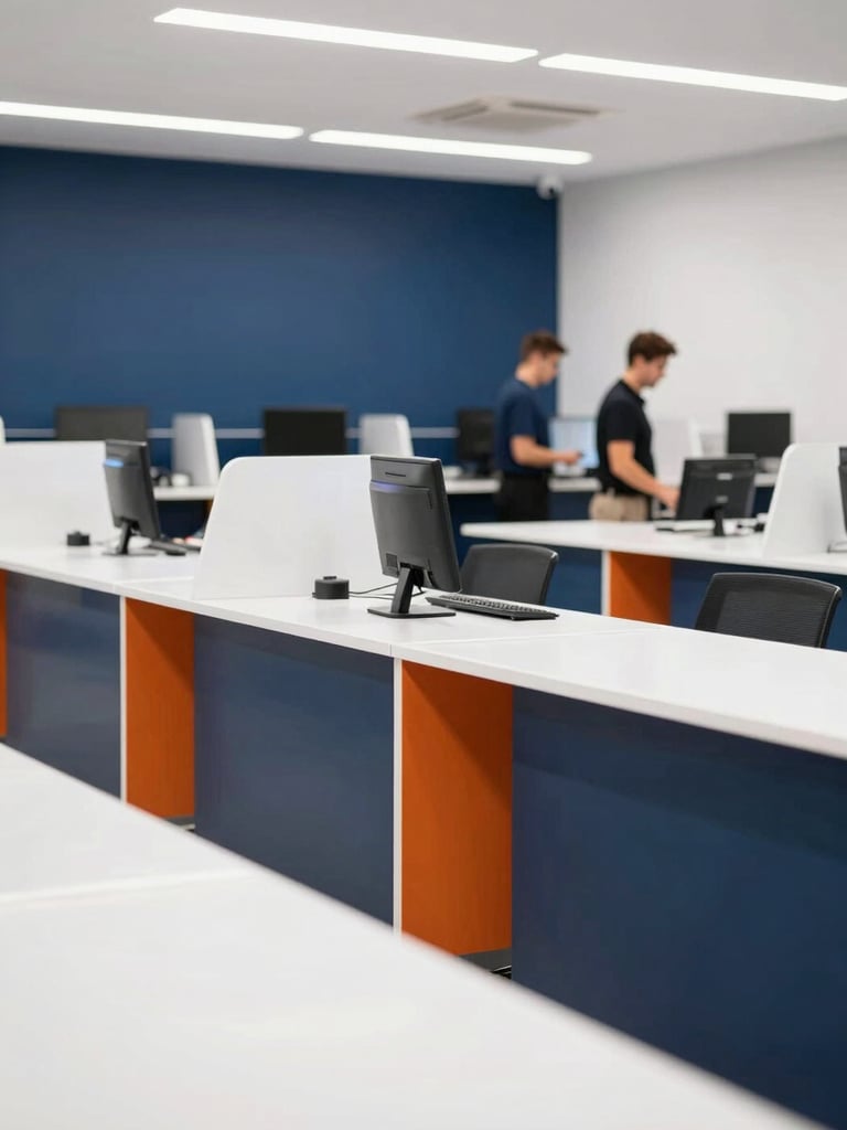 Clean, restored commercial interior with natural light, focus on polished surfaces, 35mm