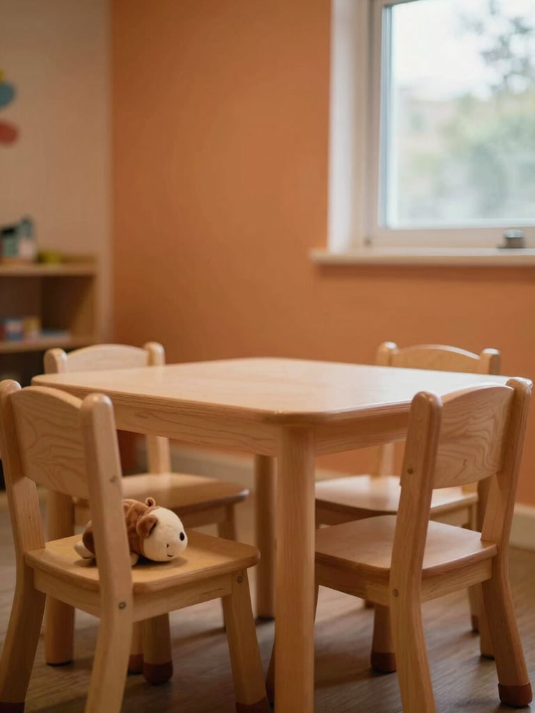Close-up from low angle inside a cozy home-like daycare room, soft natural daylight from a side window illuminating a small table with two child-sized chairs, a well-loved stuffed animal resting on one chair, warm ochre wall in the background, intimate and unhurried atmosphere, no people posed