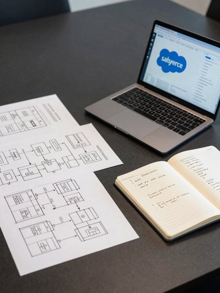 Wide-angle view of a clean IT infrastructure documentation spread on a dark conference table — printed framework diagrams, a laptop showing Salesforce dashboard data, and a ruled notepad with annotated systems notes, under cool even studio lighting, shot from slightly above at a composed angle