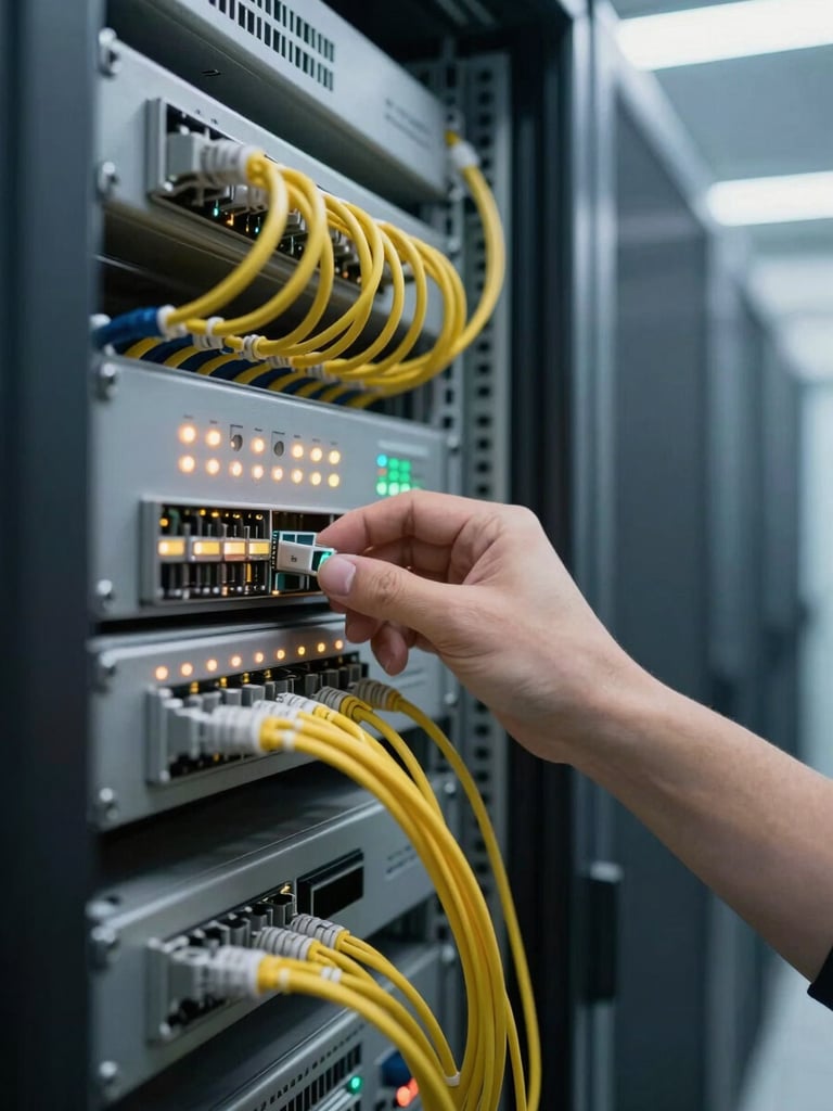Close-up of a network infrastructure rack in a data center corridor, fiber optic cables and blinking status lights, a hand adjusting a patch panel in sharp focus, cool blue-white overhead lighting, documentary framing, no people visible beyond the working hand