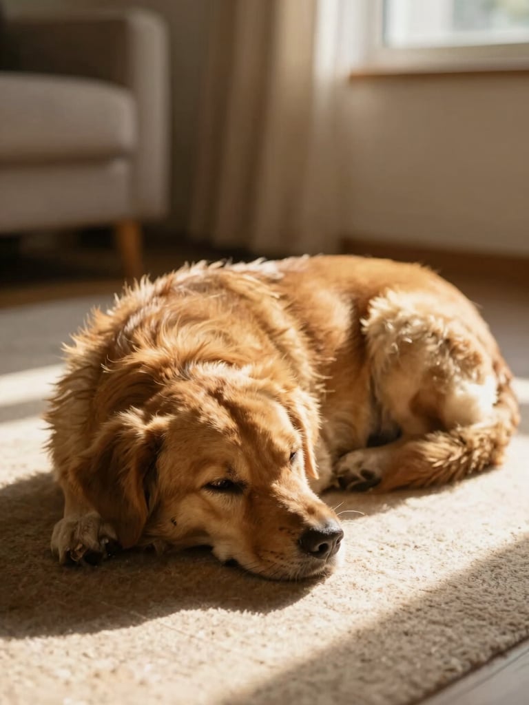 A sleepy dog curled up in a sunbeam on a living room floor, cozy, peaceful, golden-hour light, warm editorial photography, shallow depth of field