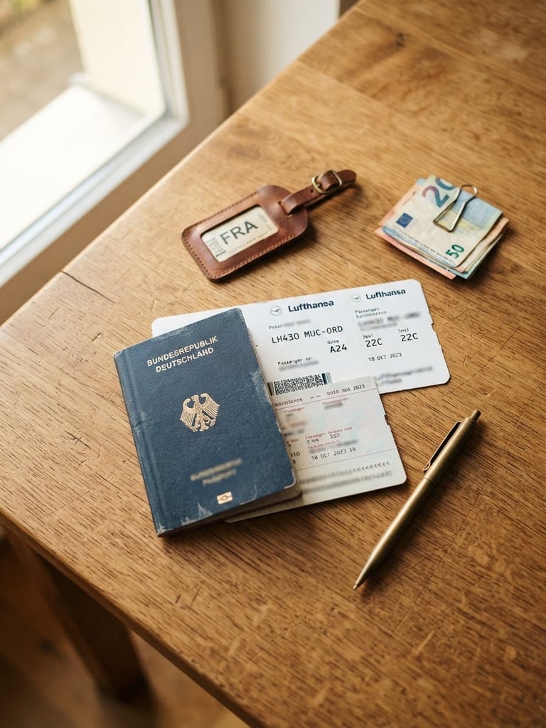 Overhead shot of travel documents, passport, and boarding pass on a clean wooden desk, bright warm daylight.
