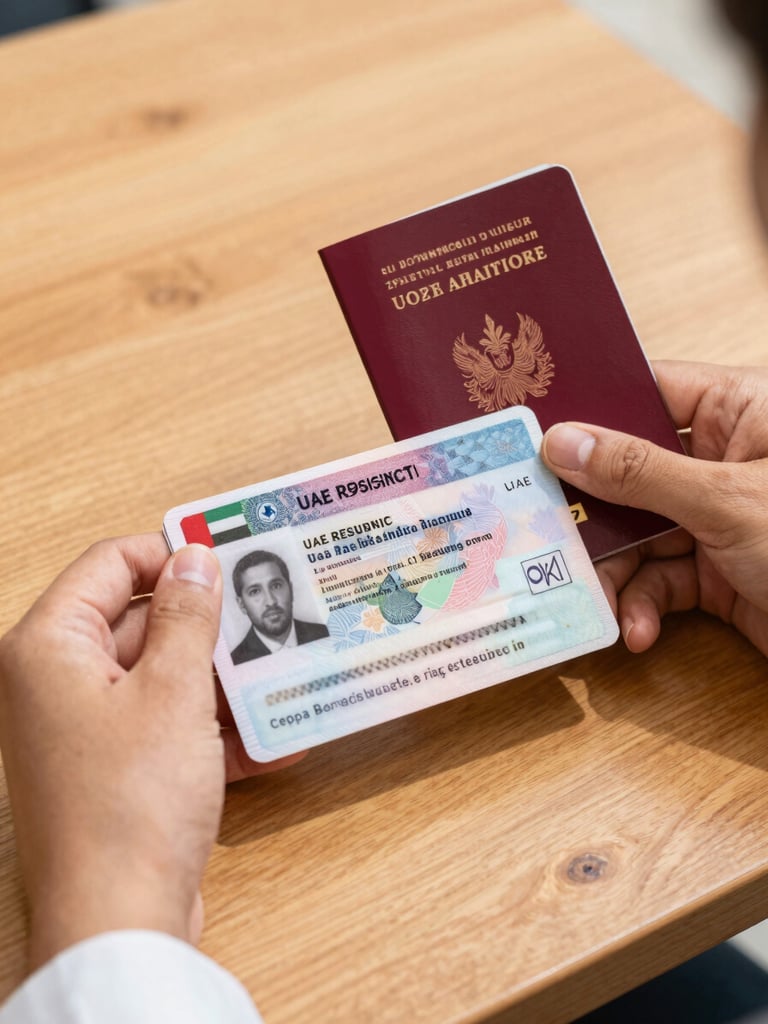 Close-up of hands holding a UAE residency visa page and a passport over a clean wooden travel desk, bright natural daylight.