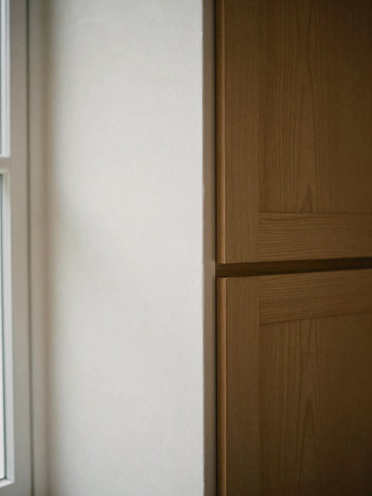 Tight detail shot of custom oak cabinetry meeting a smooth plaster wall with an uncompromisingly clean joint, soft natural light, 35mm film.