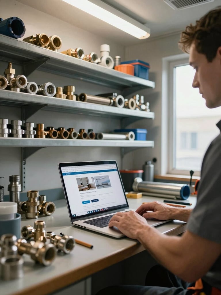 Environmental wide shot inside a small plumbing shop — pipes and fittings on metal shelves, a laptop open on a workbench showing a clean website on screen, a contractor's hands resting on the keyboard, overhead fluorescent and a shaft of daylight from a side window