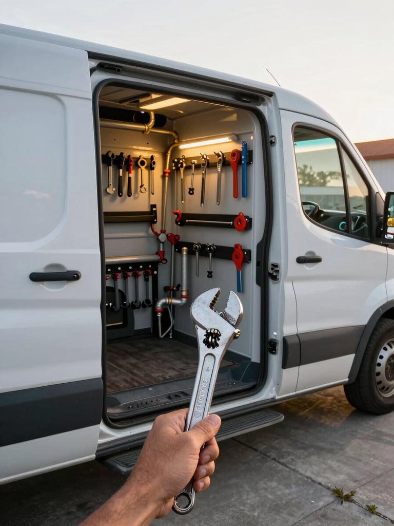 Wide environmental shot inside a working plumbing contractor's van, passenger-side door open, tools organized on wall racks, golden afternoon light streaming through the windshield, a work-worn hand reaching for a pipe wrench in the foreground, concrete driveway visible outside