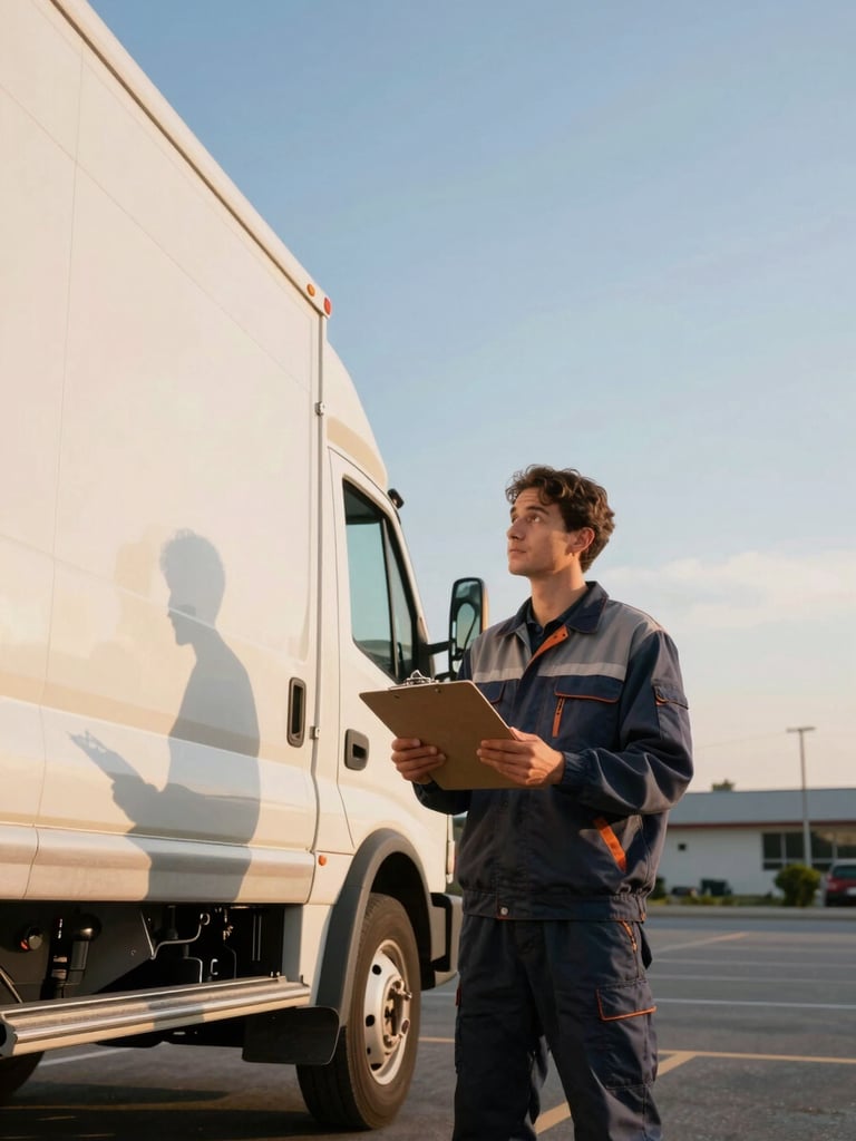 Wide environmental shot, low angle looking up at a plumbing contractor in a work jacket standing beside his service truck in a parking lot at golden hour, natural warm sidelight catching the truck door and his hands holding a clipboard, expansive open sky behind him, no posed expression — candid, purposeful
