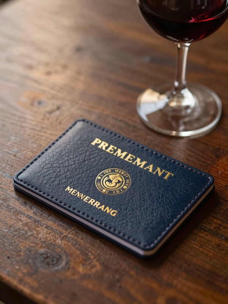 Close-up of a premium leather-bound membership card resting on a dark wooden table next to a glass of red wine, warm lighting