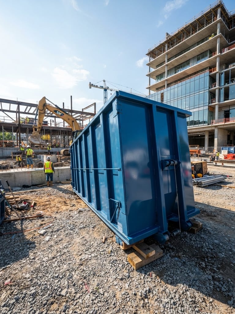 Low-angle heroic shot of a clean, freshly delivered roll-off dumpster on an active, organized construction site, bright morning daylight, high-contrast industrial tones.