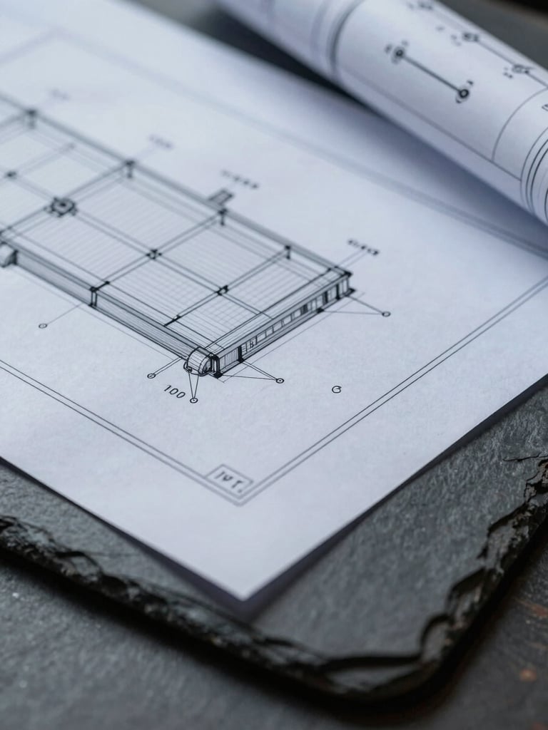 Macro detail shot of a structural blueprint lying on a dark slate desk, cool diffused daylight, sharp geometry