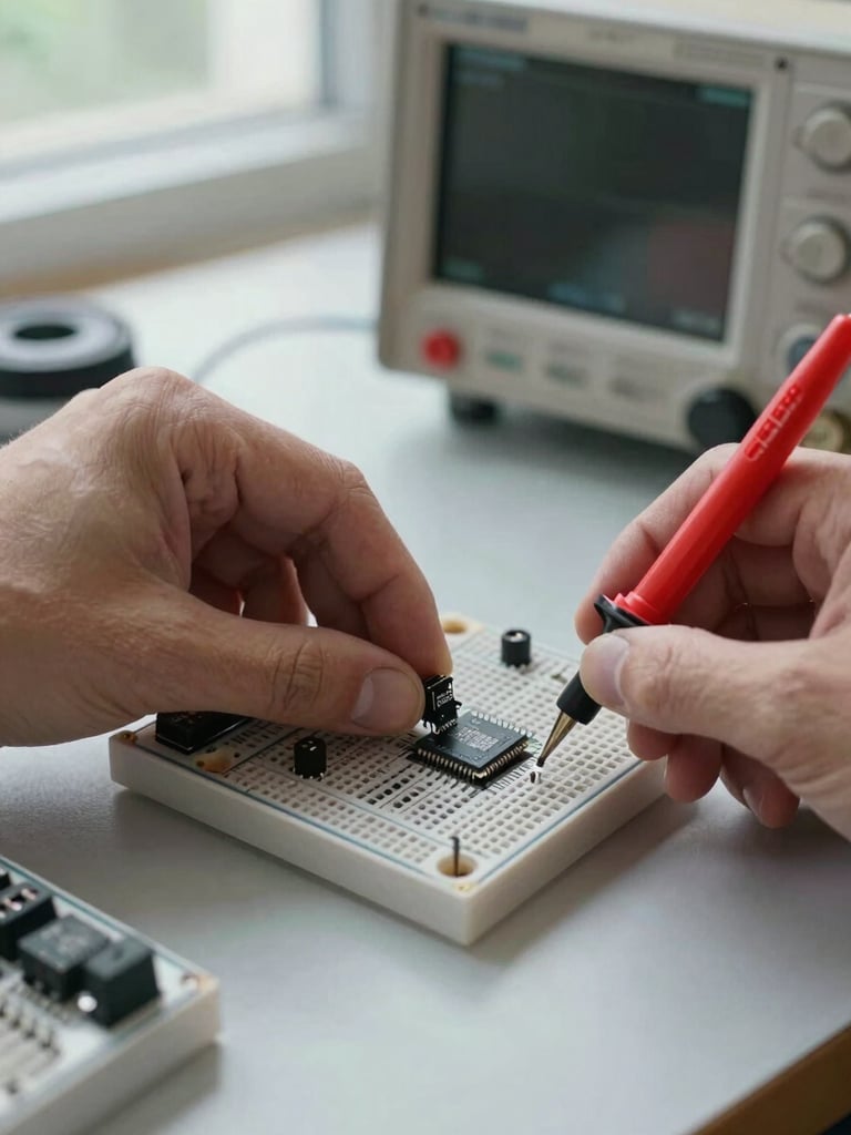 Hands placing a PIC microcontroller onto a breadboard, oscilloscope probe tip visible in the background, documentary daylight from a nearby window, component labels readable on the DIP package, engineering workbench surface visible