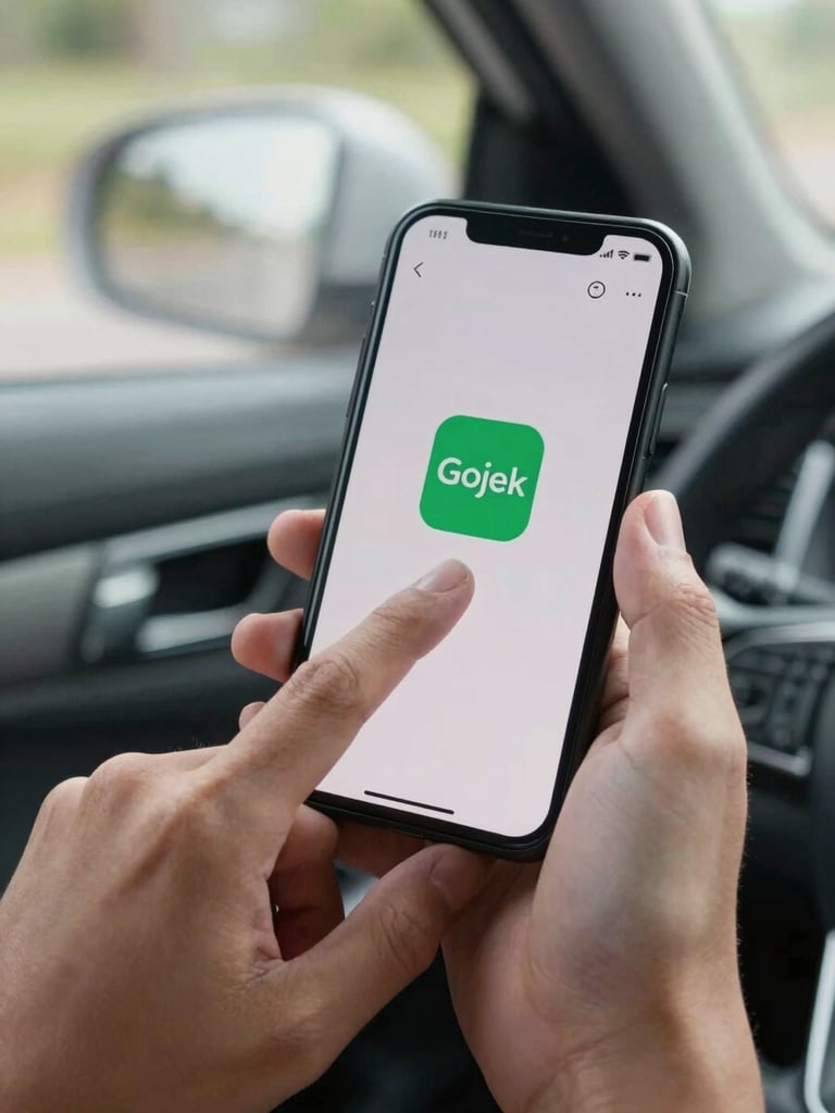 Close-up of hands holding a smartphone showing the Gojek app home screen, natural daylight from a window, fingers about to tap, shot from slightly above inside a vehicle, tight frame on the device and hands, no face visible