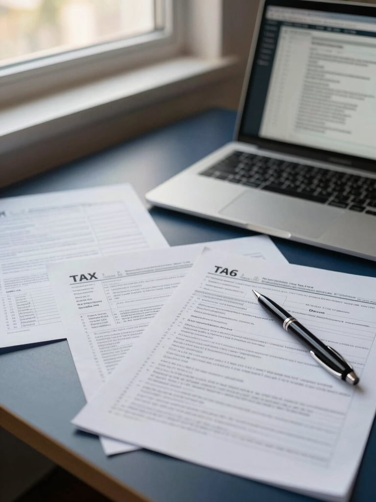Organized tax documents and a pen on a desk, a laptop displaying tax software, under natural window light, deep navy and amber tones, 35mm lens, editorial medium-close up, soft shadows.