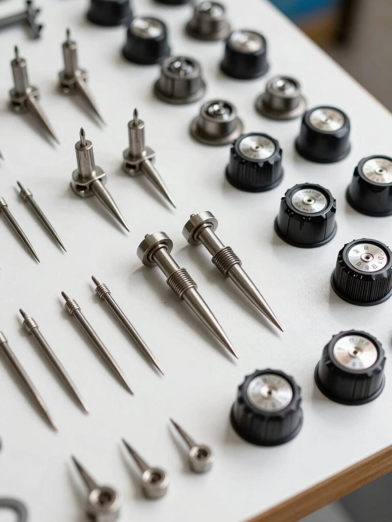 Organized overhead display of genuine industrial embroidery machine spare parts, including steel needles, rotary hooks, and tension dials, arranged neatly on a clean white surface with bright daylight.