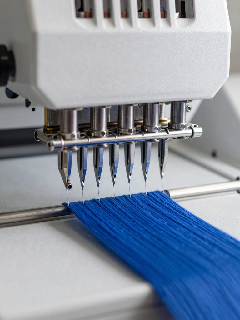Extreme close-up of a high-speed multi-head embroidery machine needle assembly, chrome tensioners and needles threading royal blue yarn, bright neutral studio lighting, high clarity on metallic textures.