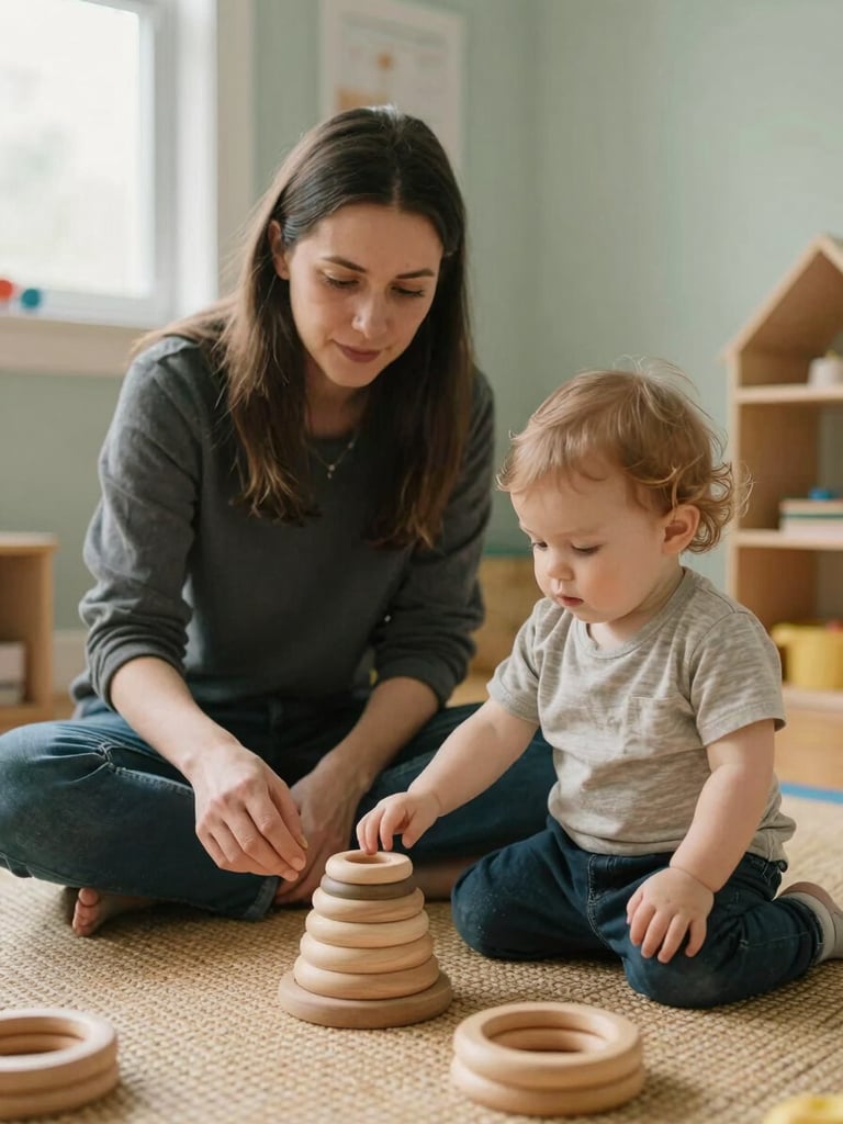 Ground-level candid shot inside a small Chilliwack childcare room — an educator sits cross-legged on a woven mat beside a young toddler who is stacking soft wooden rings, educator's hands nearby but not intervening, both looking at the rings, warm diffused window light from the left, educator not centred or posed, child's agency foregrounded, sage wall in background