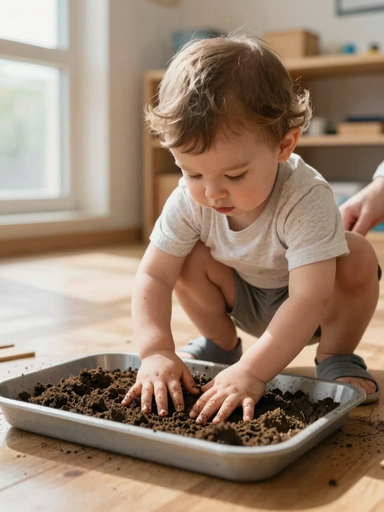 Ground-level wide shot of a toddler crouching on a wooden floor, small hands pressing into a shallow tray of damp soil, fingers spread with visible texture and concentration, diffused north-facing window light from the left casting soft shadows across the floor, educator's hands visible at the far edge but out of focus, lived-in classroom shelving behind