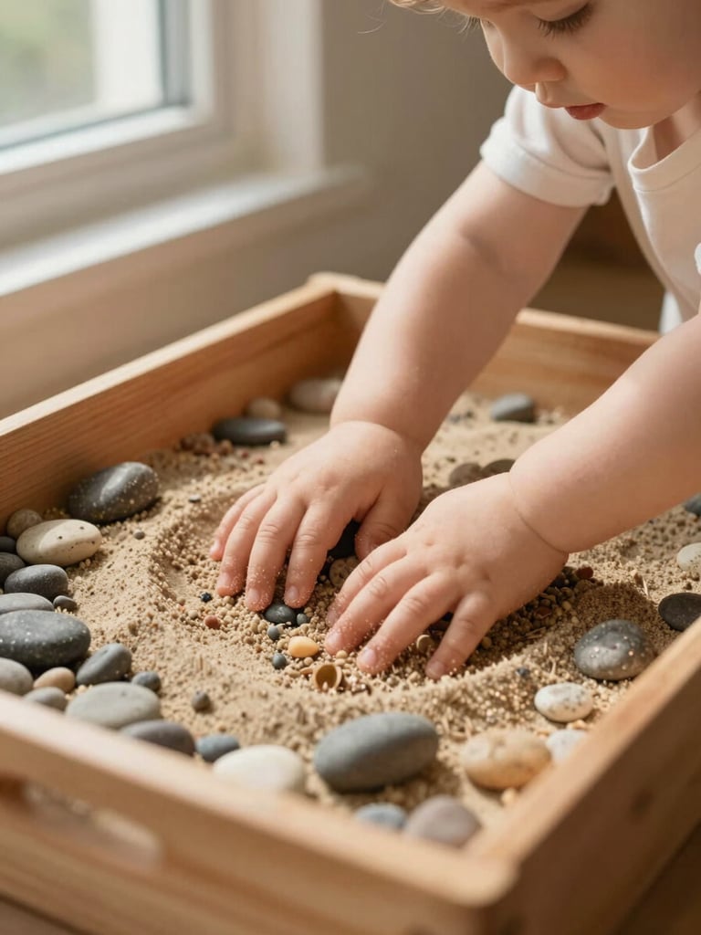 Ground-level wide shot of a toddler's small hands pressing into a shallow wooden tray filled with damp sand and smooth river pebbles, fingers mid-exploration, natural north-facing window light casting soft shadows across the tray surface, warm cream wall visible in the background, child's face softly out of focus above frame