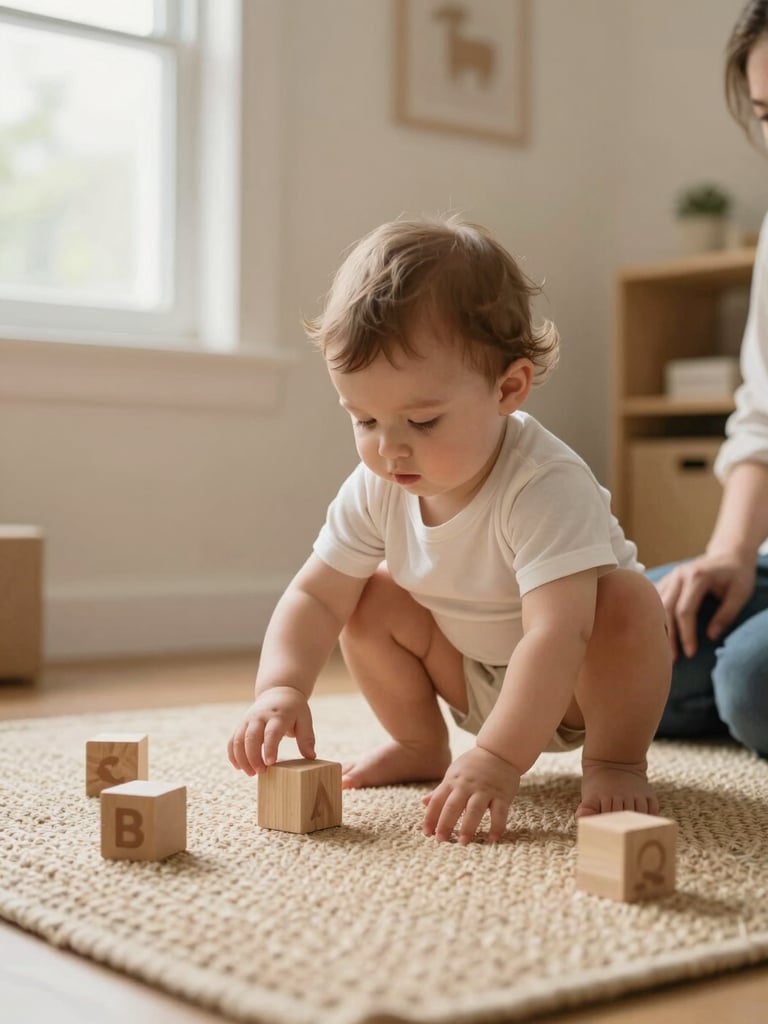 Ground-level shot inside a toddler room — a child of about 18 months crouching to examine a wooden block on a natural-fibre rug, hands open, face close to the object, diffused daylight from a window to the upper left, educator's legs and hands visible at the far right edge but face not in frame, warm cream walls behind