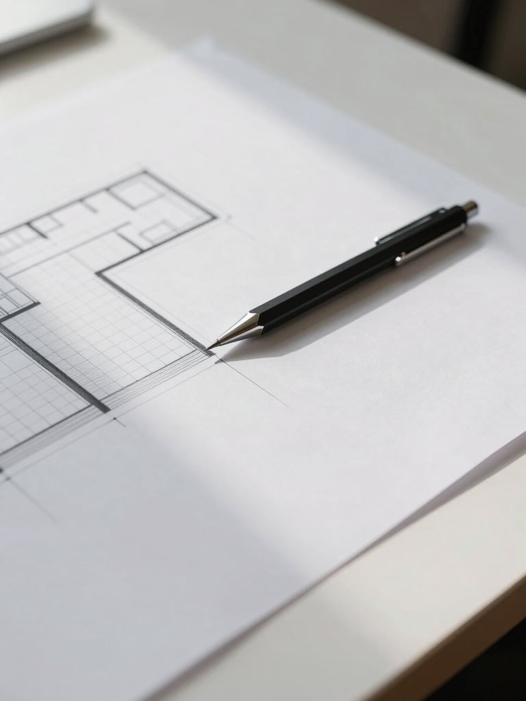 High-angle shot of a minimalist architectural blueprint on a white desk, a steel mechanical pencil aligned perfectly with a grid line, soft natural side light, clean composition.