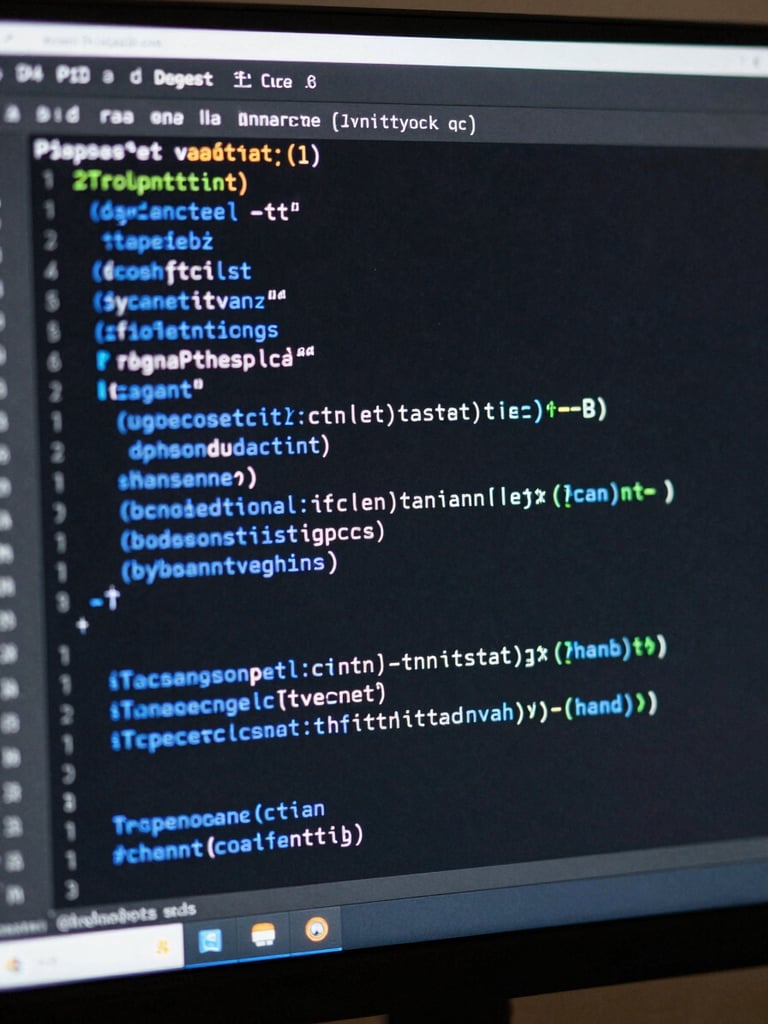 Extreme close-up on a high-end monitor displaying clean, well-structured TypeScript code with sharp electric blue syntax highlighting, dark IDE interface