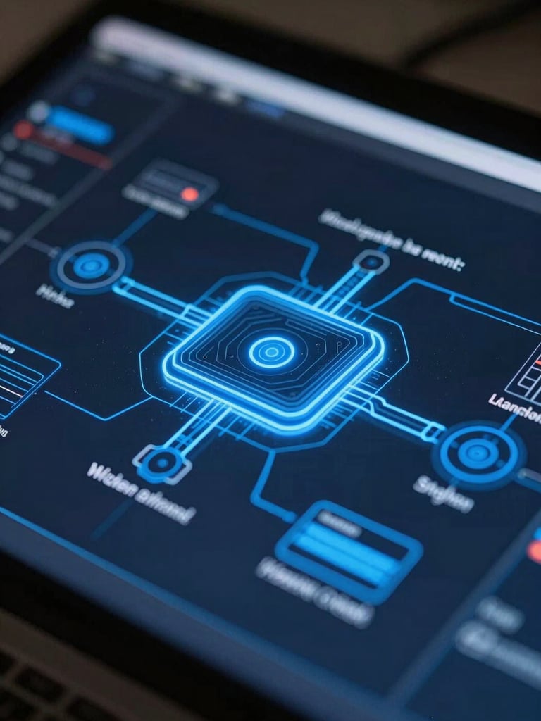 Macro close-up of a high-performance system architecture diagram rendered in sharp glowing electric blue vectors on a dark monitor, shallow depth of field.