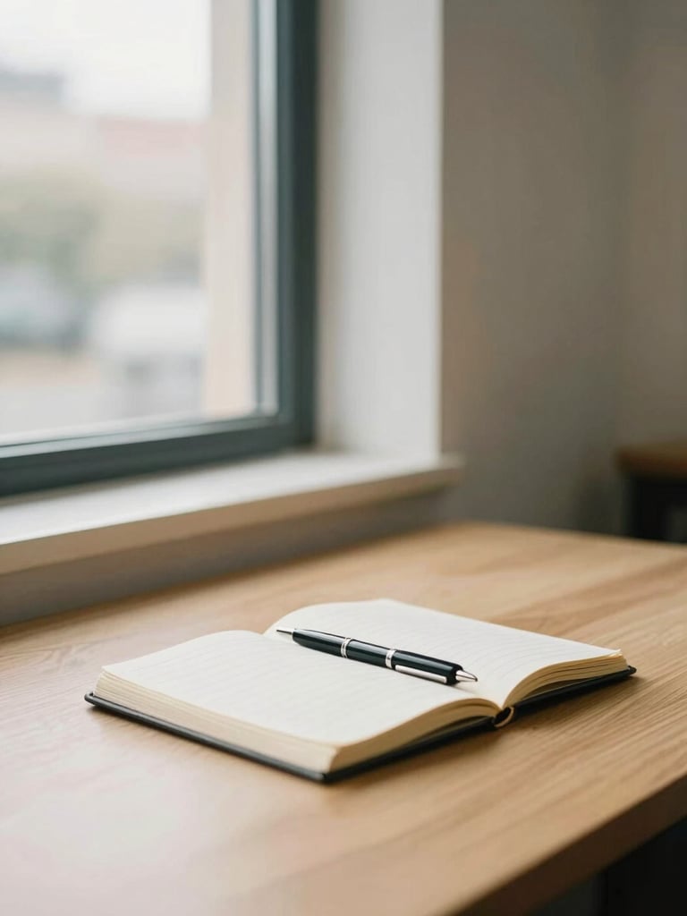 Sober and bright office interior with natural light coming through a window, a wooden table with a notebook and a pen, warm editorial photography, 35mm