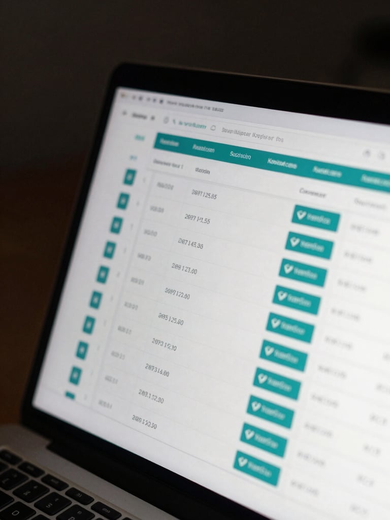 Close-up of a laptop screen displaying a clean investment dashboard with transaction history rows and verified status badges, even studio lighting, dark background, teal accent indicators visible on screen