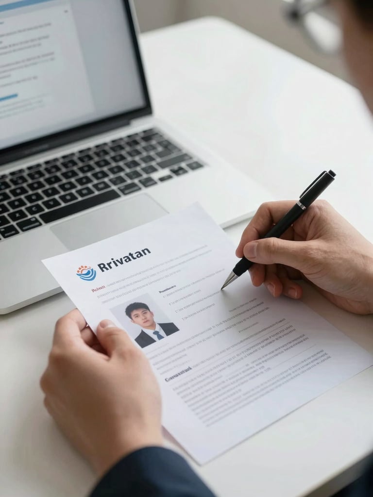 Medium shot of hands reviewing an identity verification document on a clean white desk under bright even office lighting, a laptop with a KYC interface partially visible in the background, detail-focused and procedural