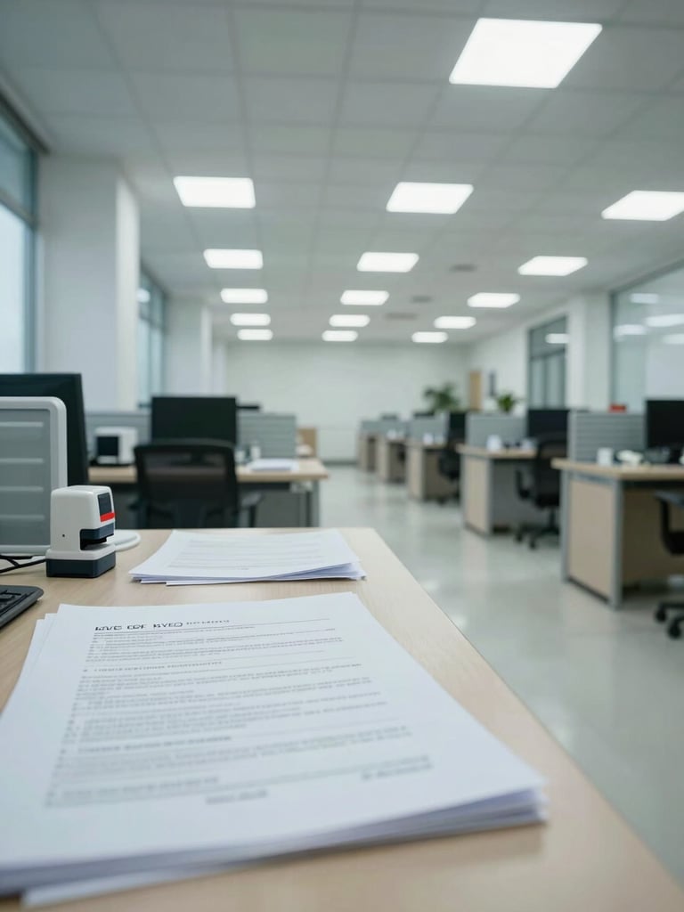 Wide panoramic view of a compliance office interior, left third showing a desk with printed KYC documents and a verification stamp, open floor plan extending to the right, even cool-white office lighting, no people visible, procedural and institutional atmosphere