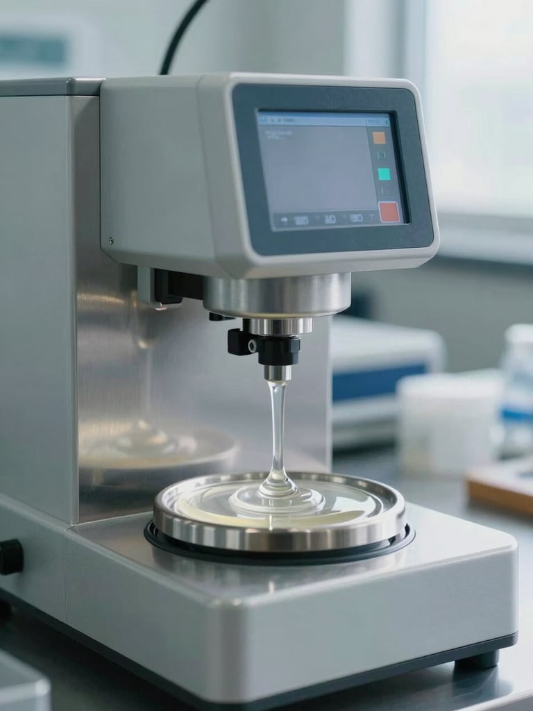 Industrial laboratory setting, cool bright daylight, a modern digital viscometer testing a clear polymer gel, technical precision, clean stainless steel surfaces, macro focus on the equipment.