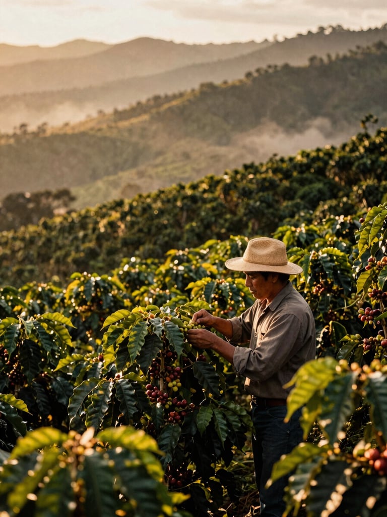 Portrait shot of sun-drenched coffee plantations in Alto de los Padres, Santander, Colombia, with mist in the mountains at golden hour, rich earthy tones, shallow depth of field, 35mm film style, a worker inspecting coffee plants.