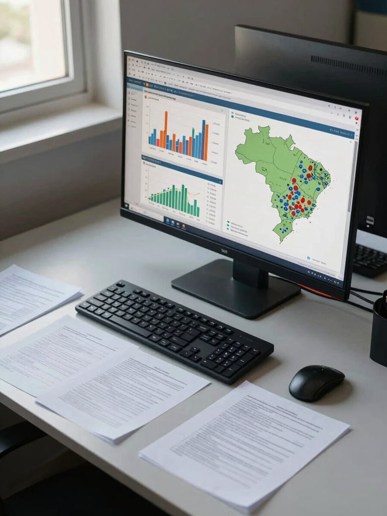 Wide institutional workspace shot, overhead angle: a large monitor displaying a data dashboard with incident frequency charts and a Brazil map with clustered markers, keyboard and printed documentation sheets fanned out below, cool daylight from a side window illuminating the desk surface, minimal shadows, precise and methodical atmosphere