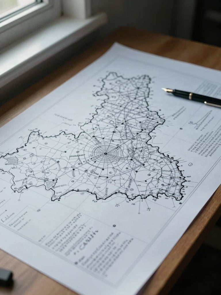 Close overhead view of a large architectural desk, jurisdictional maps and handwritten structural diagrams spread across its surface, a closed fountain pen resting on the edge, cool diffused window light from the left casting soft shadows across the paper