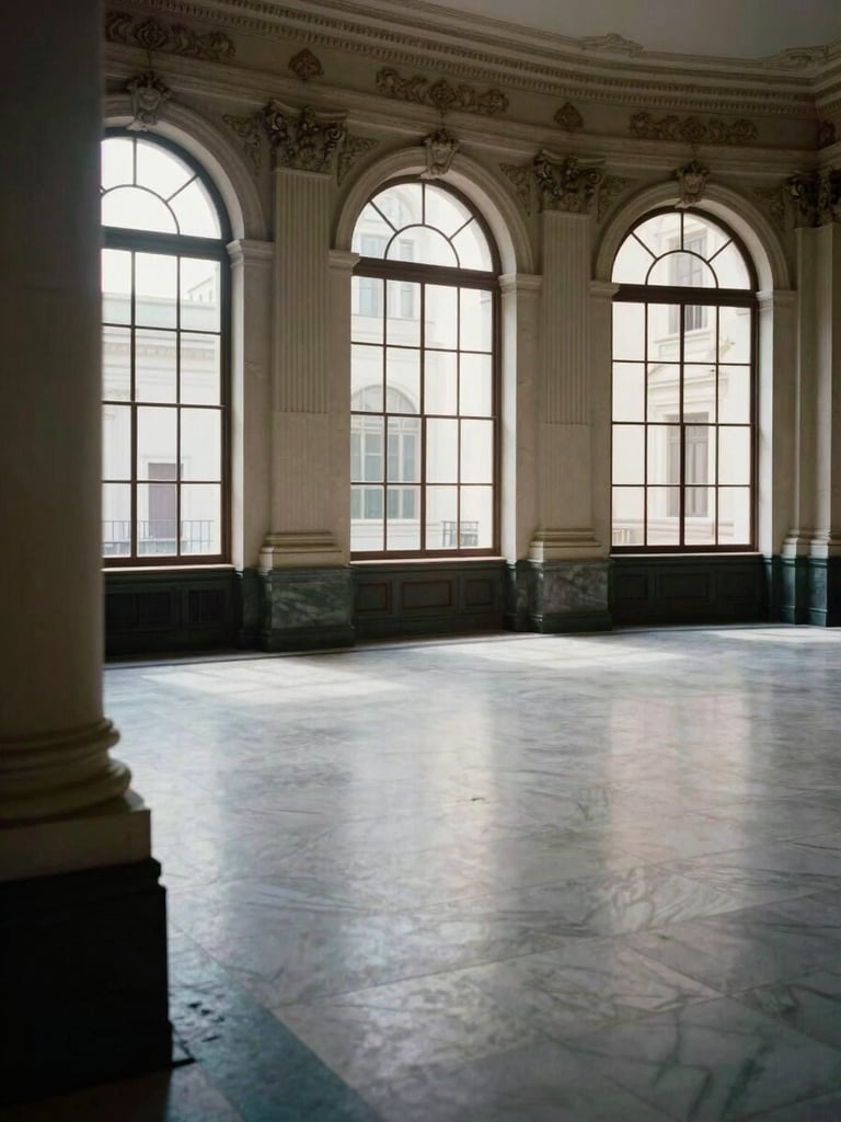 Wide environmental shot of an empty colonial-era banking hall in Buenos Aires, tall arched windows casting cool diffuse daylight across marble floors, no people, architectural detail of ornate plasterwork columns in the left foreground
