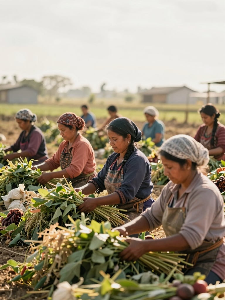 Wide environmental shot of women working together in a sunlit agricultural cooperative, sorting harvested crops under warm daylight, confident expressions, authentic tones.