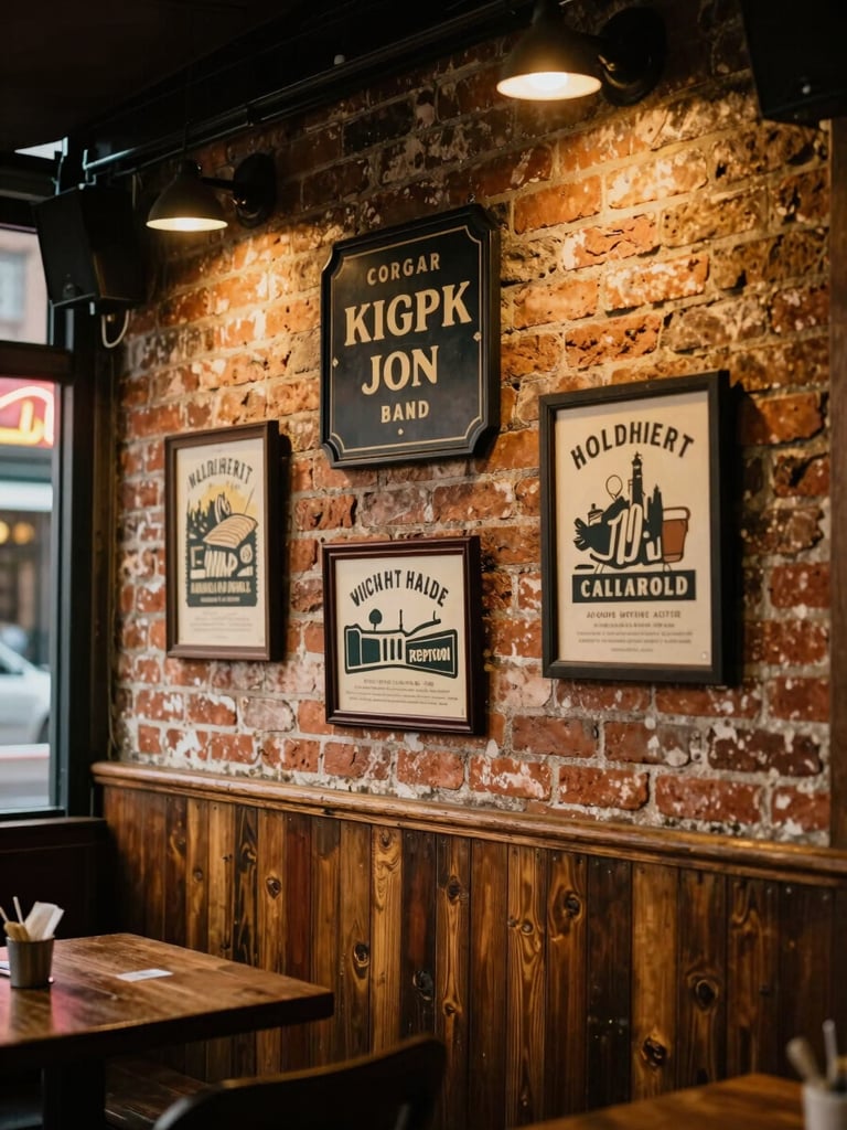 Medium shot of a weathered brick tavern wall inside, historic local memorabilia and hand-painted signs under warm spotlighting, rich amber wood tones.