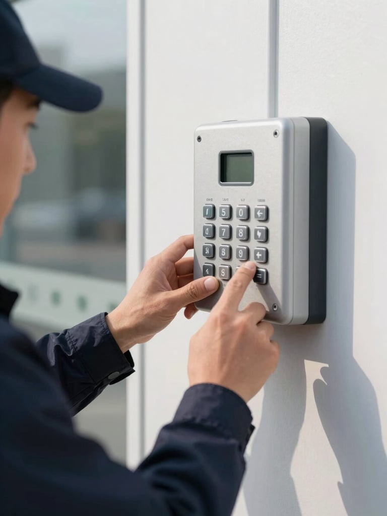 Close-up of a technician in a clean dark uniform calibrating a wall-mounted gate access keypad, bright natural light, sharp focus, 35mm.