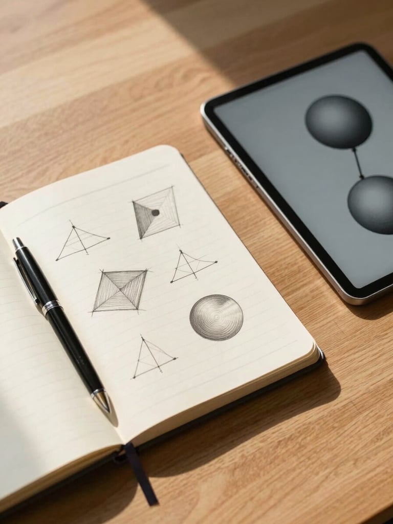 Top-down view of a clean oak desk with a structured notebook showing geometric sketches, a fountain pen, and a tablet displaying a minimalist abstract diagram of three connected spheres, bright morning sunlight.