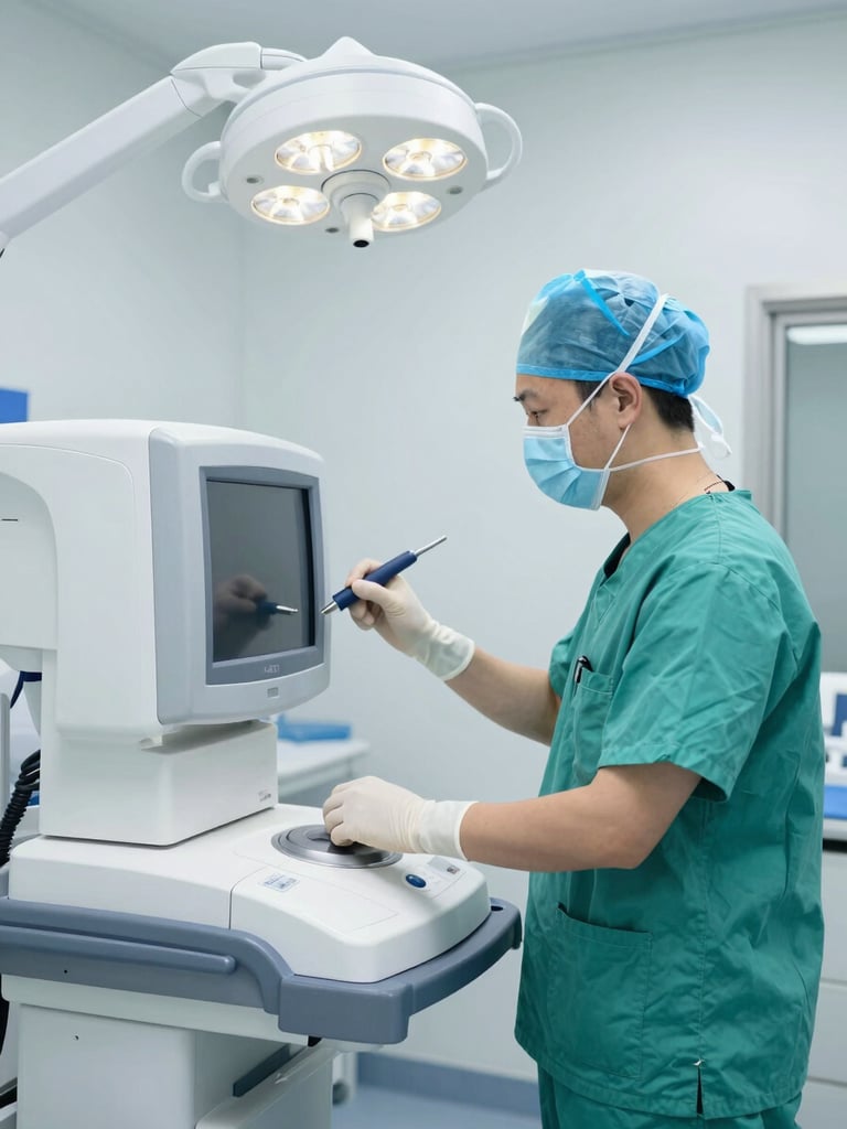 Professional certified medical engineer in clean hospital scrubs calibrating a high-tech diagnostic device, bright clinical lighting