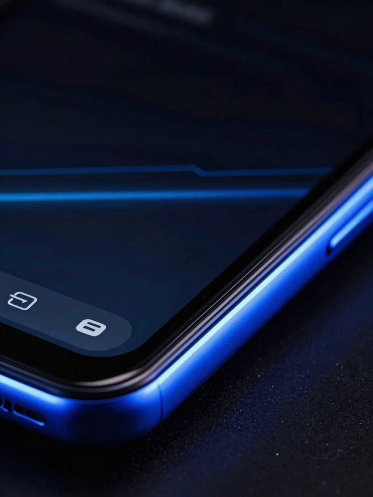 Macro close-up of a sleek Android device screen in dark mode, vibrant neon blue rim lighting reflecting off the curved glass edge, abstract clean UI wireframe, deep black background, shallow depth of field, portrait aspect.