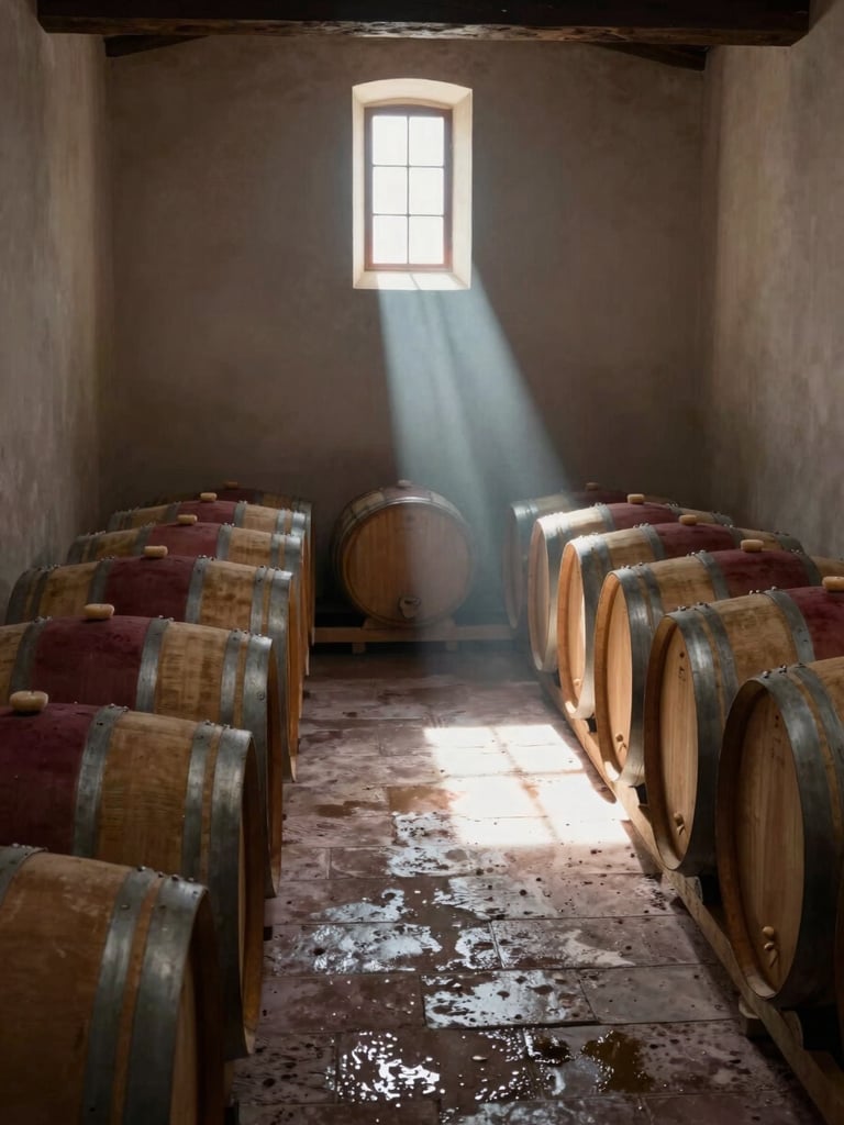 Wide barrel room interior at Pago de Otero, rows of oak casks receding into shadow under a single shaft of northern daylight from a high clerestory window, stone floor damp, cool ambient cellar light, no people