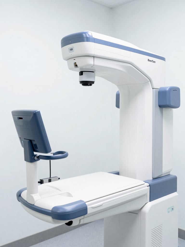 Crisp medium shot of a modern NewTom digital radiology machine in a clean, sterile clinical environment, bright high-key studio lighting, sharp focus on the digital sensor arm