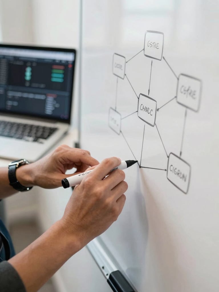 Close-up of hands sketching a systems architecture diagram on a whiteboard, marker lines connecting nodes, a laptop screen showing a live dashboard in the background, daylight-balanced studio lighting, documentary framing